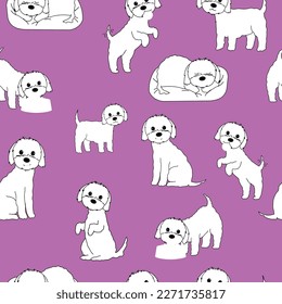 Maltese puppies outline - cute seamless pattern with dogs on pink backgroud.  Cartoon hand drawn vector illustration with white dogs.