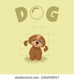 Maltese puppy dog in a bathroom. Brown happy dog. Illustration for grooming salon with "DOG" inscription