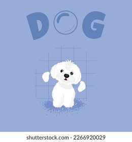 Maltese puppy dog in a bathroom. White happy dog. Illustration for grooming salon with "DOG" inscription