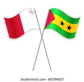 Maltese and Sao Tomean crossed flags. Malta combined with Sao Tome and Principe isolated on white. Language learning, international business or travel concept.