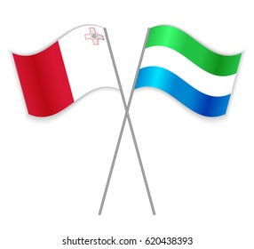 Maltese and Sierra Leonean crossed flags. Malta combined with Sierra Leone isolated on white. Language learning, international business or travel concept.