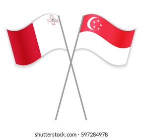 Maltese and Singaporean crossed flags. Malta combined with Singapore isolated on white. Language learning, international business or travel concept.