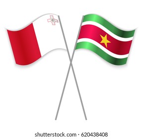 Maltese and Surinamese crossed flags. Malta combined with Suriname isolated on white. Language learning, international business or travel concept.