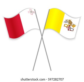 Maltese and Vatican crossed flags. Malta combined with Vatican City State isolated on white. Language learning, international business or travel concept.