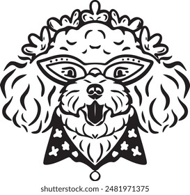 Maltipoo dog portrait with glasses line drawing vector isolated on white background.