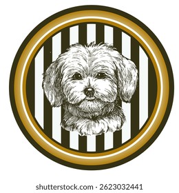 Maltipoo head realistic ink vector illustration. Dog drawing in a circle. Ceramic, porcelain plate design composition with dog portrait. Hand drawn design for emblem, tableware, apparel.