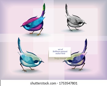 Malur birds isolated on light background. Hand drawn, watercolor illustration. Design elements. Vector - stock.