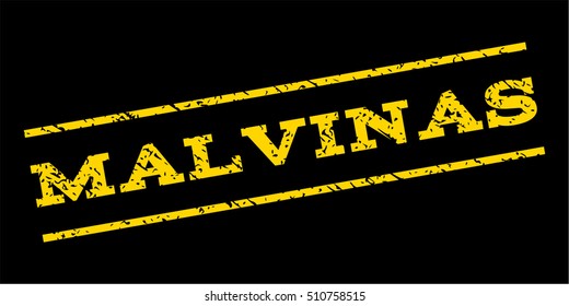 Malvinas watermark stamp. Text caption between parallel lines with grunge design style. Rubber seal stamp with unclean texture. Vector yellow color ink imprint on a blue background.