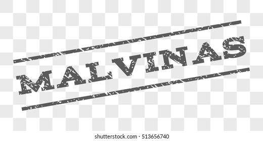 Malvinas watermark stamp. Text tag between parallel lines with grunge design style. Rubber seal stamp with dirty texture. Vector grey color ink imprint on a chess transparent background.