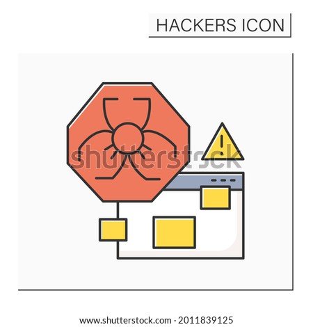 Malware alert color icon. Malicious hacker software antivirus warning line pictogram. Concept of malware, spyware, adware and trojans. Internet security. Isolated vector illustration