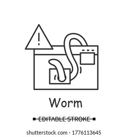 Malware alert icon. Webpage or site malware worm injection antivirus warning linear pictogram. Internet security, virus threat and personal data protection concept. Editable stroke vector illustration
