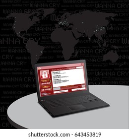 malware attack. ransom malware name is wanna cry,  cyber virus attack the world, vector illustration.