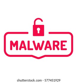 Malware. Badge with lock unlock icon. Flat vector illustration on white background.
