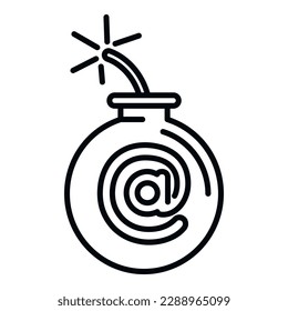 Vector de contorno de icono de la bomba de malware. Error de portátil. Correo electrónico de datos