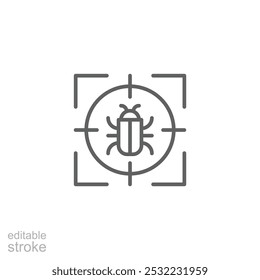 Malware bug target icon. Simple outline style. Network vulnerability, virus, malware, ransomware, fraud, spam, phishing, scam, hacker attack, IT security concept. Thin line symbol. Editable stroke.