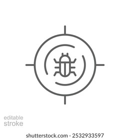 Malware bug target icon. Simple outline style. Network vulnerability, virus, malware, ransomware, fraud, spam, phishing, scam, hacker attack, IT security concept. Thin line symbol. Editable stroke.