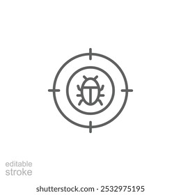 Malware bug target icon. Simple outline style. Network vulnerability, virus, malware, ransomware, fraud, spam, phishing, scam, hacker attack, IT security concept. Thin line symbol. Editable stroke.