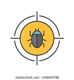 Malware bug in target vector icon. Network Vulnerability - Virus, Malware, Ransomware, Fraud, Spam, Phishing, Email Scam, Hacker Attack - IT Security Concept Design, Vector illustration