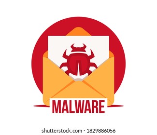 Malware by email vector icon. Virus in the letter. Virus, malware, email fraud, e-mail spam, phishing scam, hacker attack concept