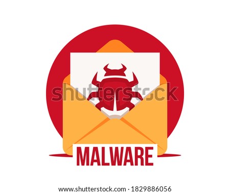 Malware by email vector icon. Virus in the letter. Virus, malware, email fraud, e-mail spam, phishing scam, hacker attack concept