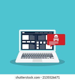 Malware content. Alert notification on laptop computer , malware concept, spam data, online scam, virus , vector illustration