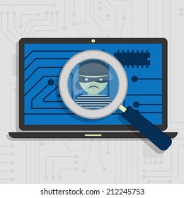Malware detected on laptop represented by a magnifying glass focusing on the figure of a thief