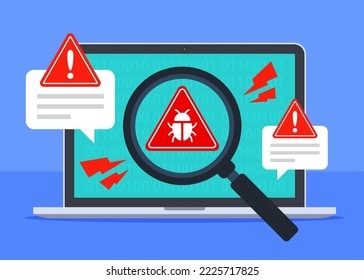 Malware auf dem Notebook erkannt. Warnmeldung zur Systemsicherheit. Cyberkriminalität, Verwundbarkeit, Hack oder Antivirenkonzept. Computervirus, Ransomware oder Bug. Flacher Cartoon-Symbol-Vektorgrafik. Technologische Illustration.