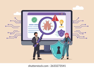 Especialistas em detecção de malware e segurança cibernética trabalhando para proteger um sistema de computador, usando uma lupa para identificar e remover ameaças digitais.