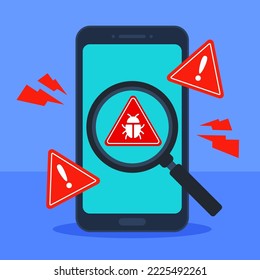 Malware Detection Smartphone Or Mobile Phone. Error Warning Alert. System Scan Or Search For Virus, Ransomware, Bug, Or Vulnerability. Antivirus Concept. Flat Cartoon Icon Design. Vector Illustration.