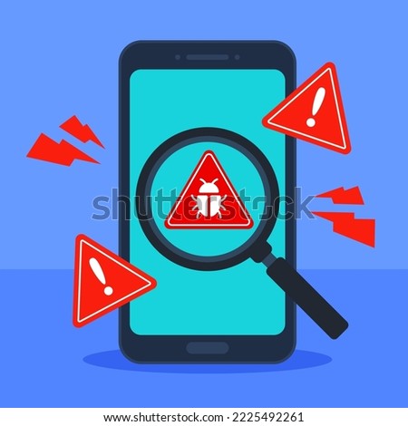 Malware detection smartphone or mobile phone. Error warning alert. System scan or search for virus, ransomware, bug, or vulnerability. Antivirus concept. Flat cartoon icon design. Vector illustration.