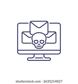 Malware, correos electrónicos con un icono de línea de virus en blanco
