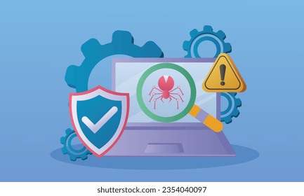 Malware Flaw Finder Magnifier computer internet error virus concept.on blue background.Vector Design Illustration.