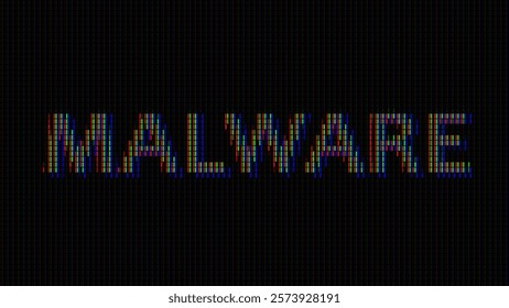 MALWARE Glitched Word. Led Panel or Monitor Macro Cyberpunk Style Banner. LED Neon Tech Glitch Background. Design Element for Tech Cyber Security Event. Vector Illustration.