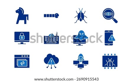 Malware icon set containing various types of malware. Trojan horse, worm, viruses, spyware, ransomware, key logger, rootkits, mobile, adware, IoT, botnets and fileless malware vector icons