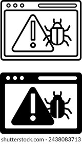 Malware icons. Black and White Vector Icons of the Website and Malicious Virus Danger Sign. Dangerous Infection, Cyberattack. Computer Security and Programming Concept