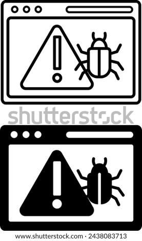 Malware icons. Black and White Vector Icons of the Website and Malicious Virus Danger Sign. Dangerous Infection, Cyberattack. Computer Security and Programming Concept