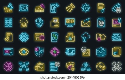 Malware icons set. Outline set of malware vector icons neon color on black