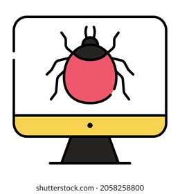 Malware inside monitor, flat design of computer bug