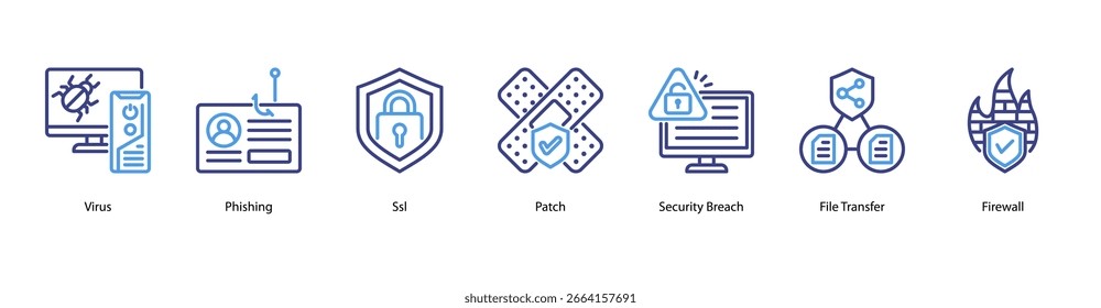 Ilustração vetorial do ícone de banner da Web de Alerta de malware e intrusão apresentando vírus, phishing, SSL, patch, violação de segurança, transferência de arquivos e firewall.