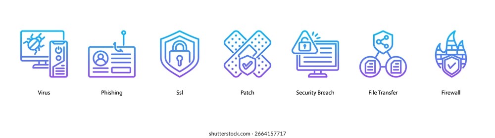 Ilustração vetorial do ícone de banner da Web de Alerta de malware e intrusão apresentando vírus, phishing, SSL, patch, violação de segurança, transferência de arquivos e firewall.