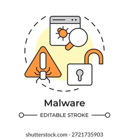 Ícone de conceito de multicor de malware. Vulnerabilidade de software, ciberameaça. Problema de segurança, programa malicioso. Ilustração de linha de forma redonda. Ideia abstrata. Design gráfico. Fácil de usar no folheto