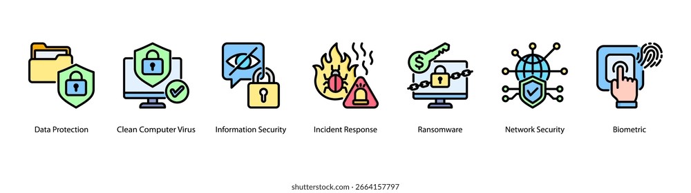 Malware and Network Security web banner icon vector illustration featuring Data Protection, Clean Computer Virus, Information Security, Incident Response, Ransomware, Network Security, and Biometric.