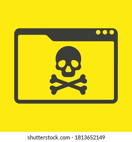 Malware notification on desktop. Vector illustration. Browser window with skull and bones. Virus in PC.