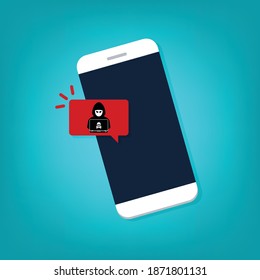 Malware Notification On Mobile Phone. Smartphone With Alert, Spam Data On Cellphone Fraud Error Message, Scam, Virus. Flat Vector Illustration.