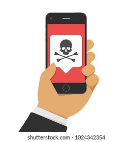 Malware notification on smartphone. Mobile phone with skull bone bubble speech on the screen. Spam data, fraud internet, error message, insecure connection or virus concept. Vector illustration EPS 10