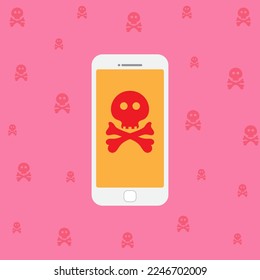 Malware notification on smartphone notice vector, flat mobile phone and skull bones bubble red alert, concept of spam data, fraud internet error message, insecure connection, online scam, virus.