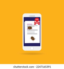 Aviso de malware sobre vector de aviso de smartphone, teléfono móvil plano y huesos de cráneo burbuja alerta roja, concepto de datos de spam, mensaje de error de internet de fraude, conexión insegura, estafa en línea, virus.