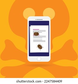 Malware notification on smartphone notice vector, flat mobile phone and skull bones bubble red alert, concept of spam data, fraud internet error message, insecure connection, online scam, virus.