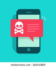 Malware notification on smartphone notice vector, flat mobile phone and skull bones bubble red alert, concept of spam data, fraud internet error message, insecure connection, online scam, virus