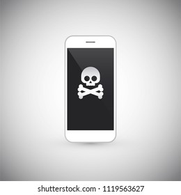 Malware notification on smartphone vector, flat style mobile phone with skull bones, concept of spam data, fraud internet error message, insecure connection, online scam, virus